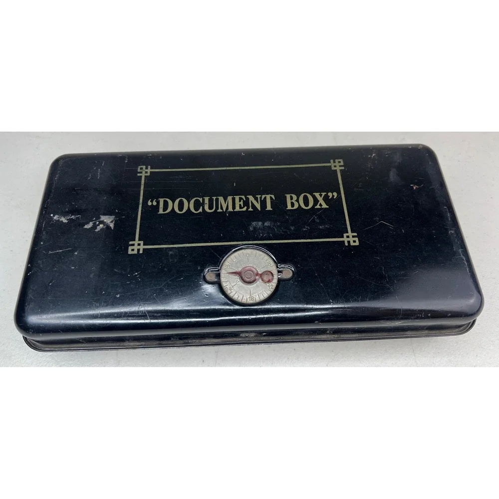 Vintage Black Tin Metal Document Box Combination Lock Money Safe Storage Chest